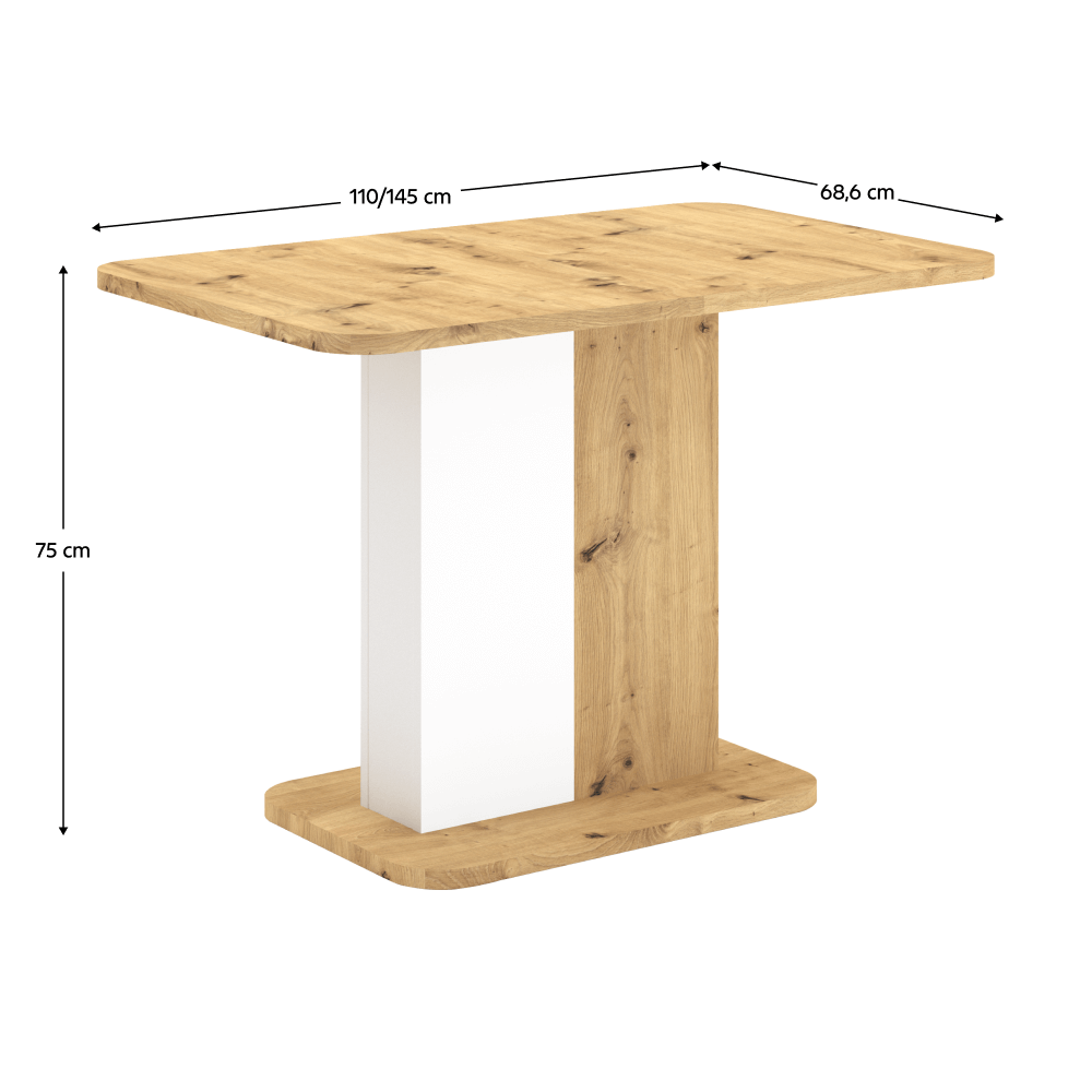 Masă extensibilă de sufragerie, stejar artisan/albă, 110-145x68,6 cm, NETOX