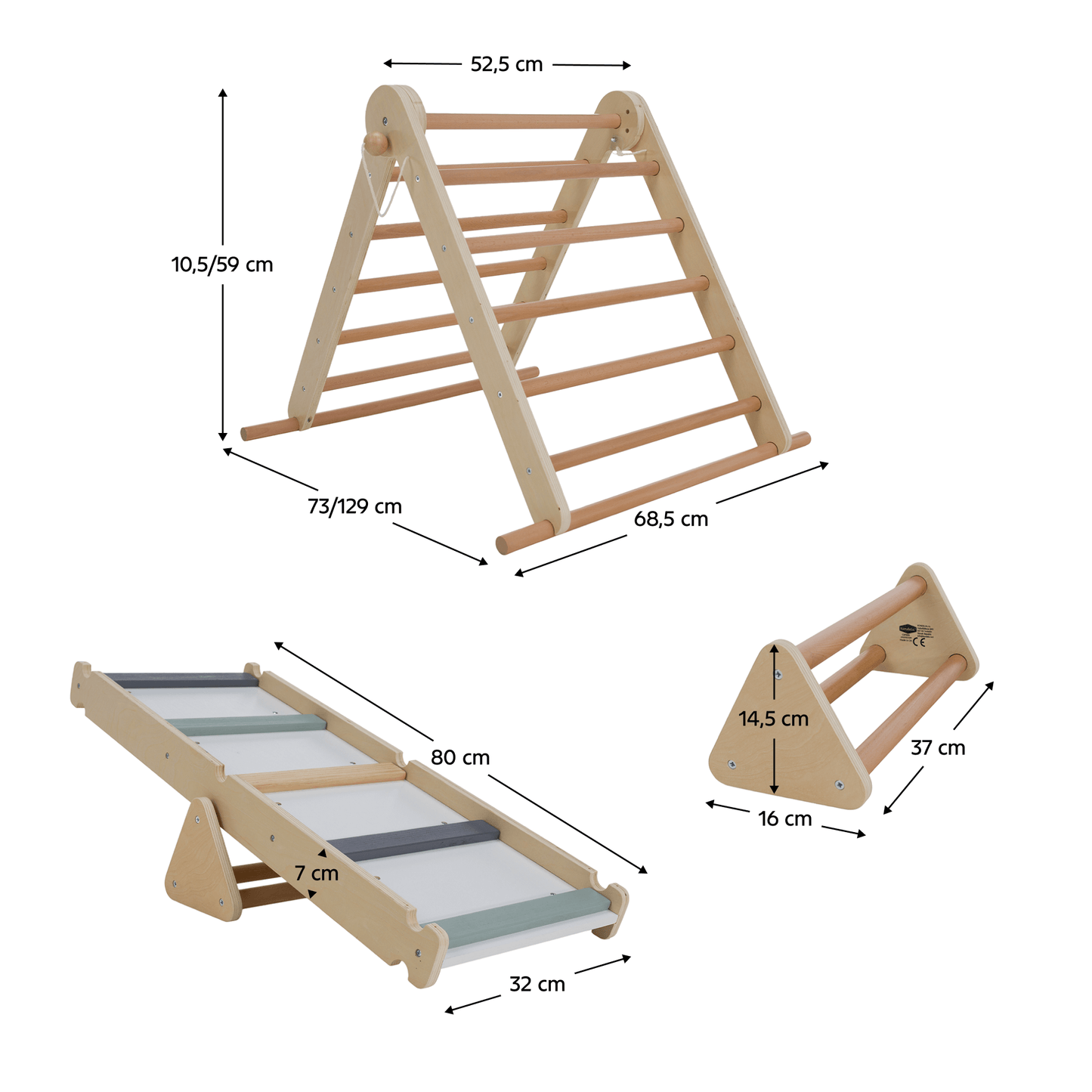 Montessori Triunghiul Pikler 3în1, natural/mix de culori, OPRIN