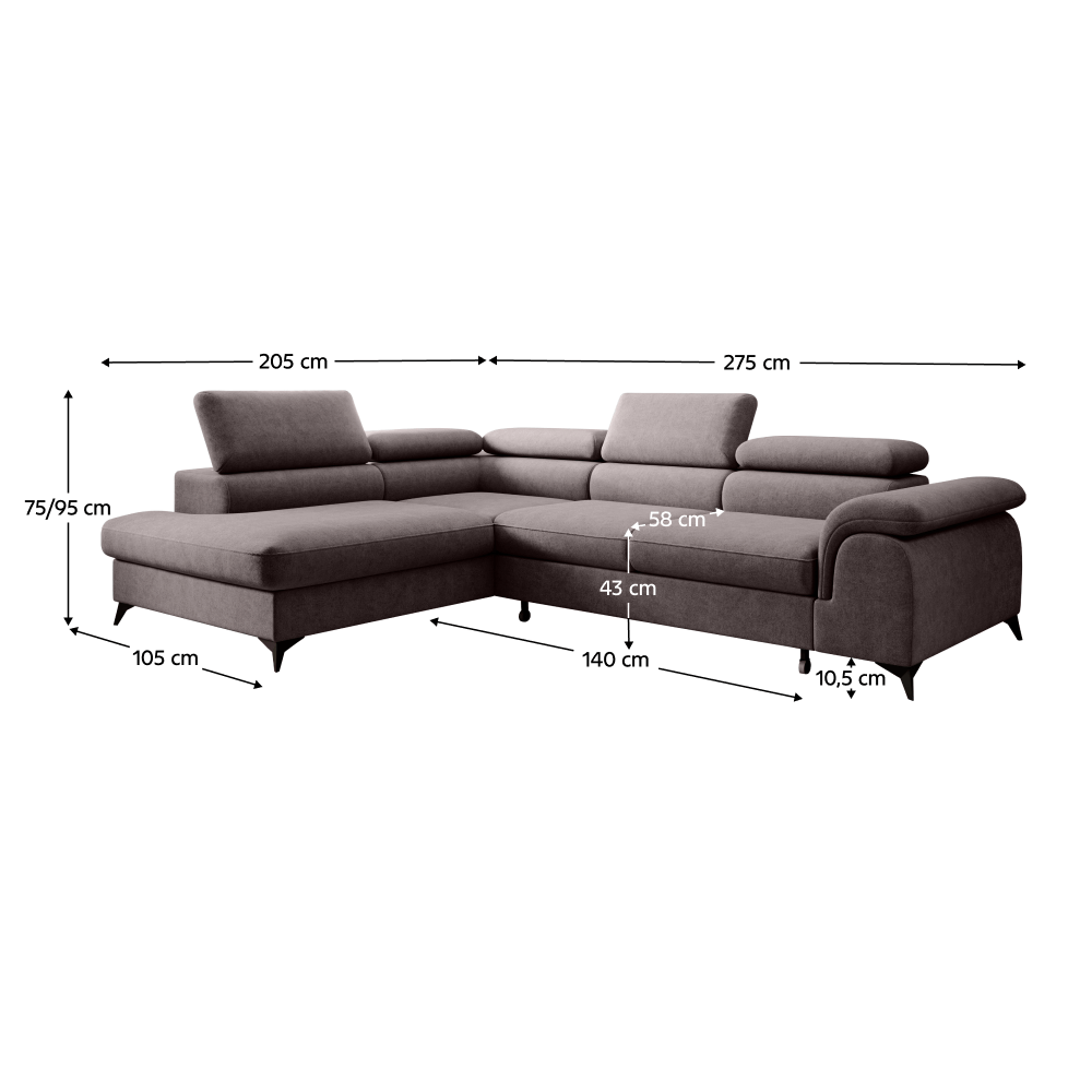 Canapea extensibilă, gri-maro, stânga, PONY ROH