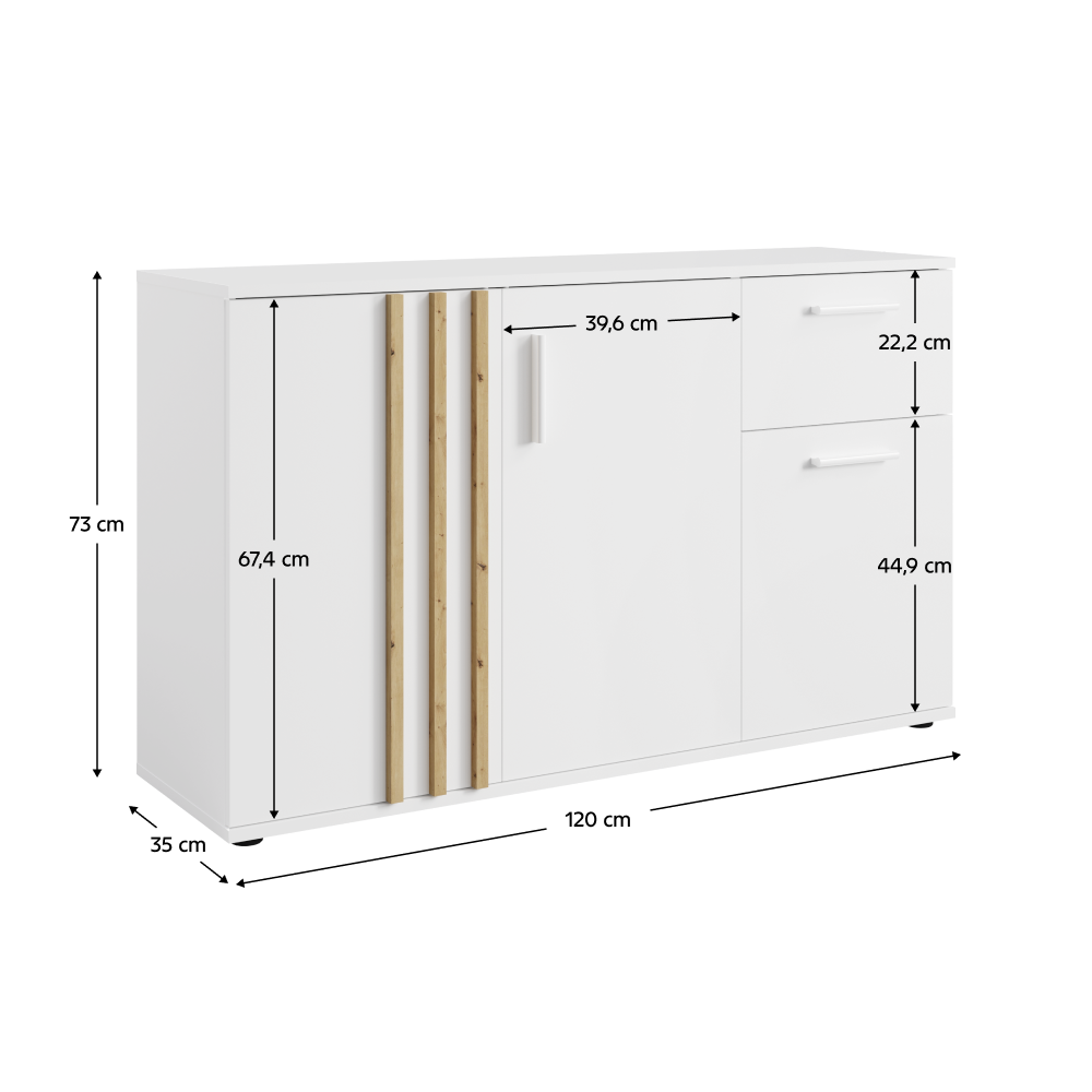 Comodă, 3D1S, albă/stejar artisan, TOLIS TYP 2