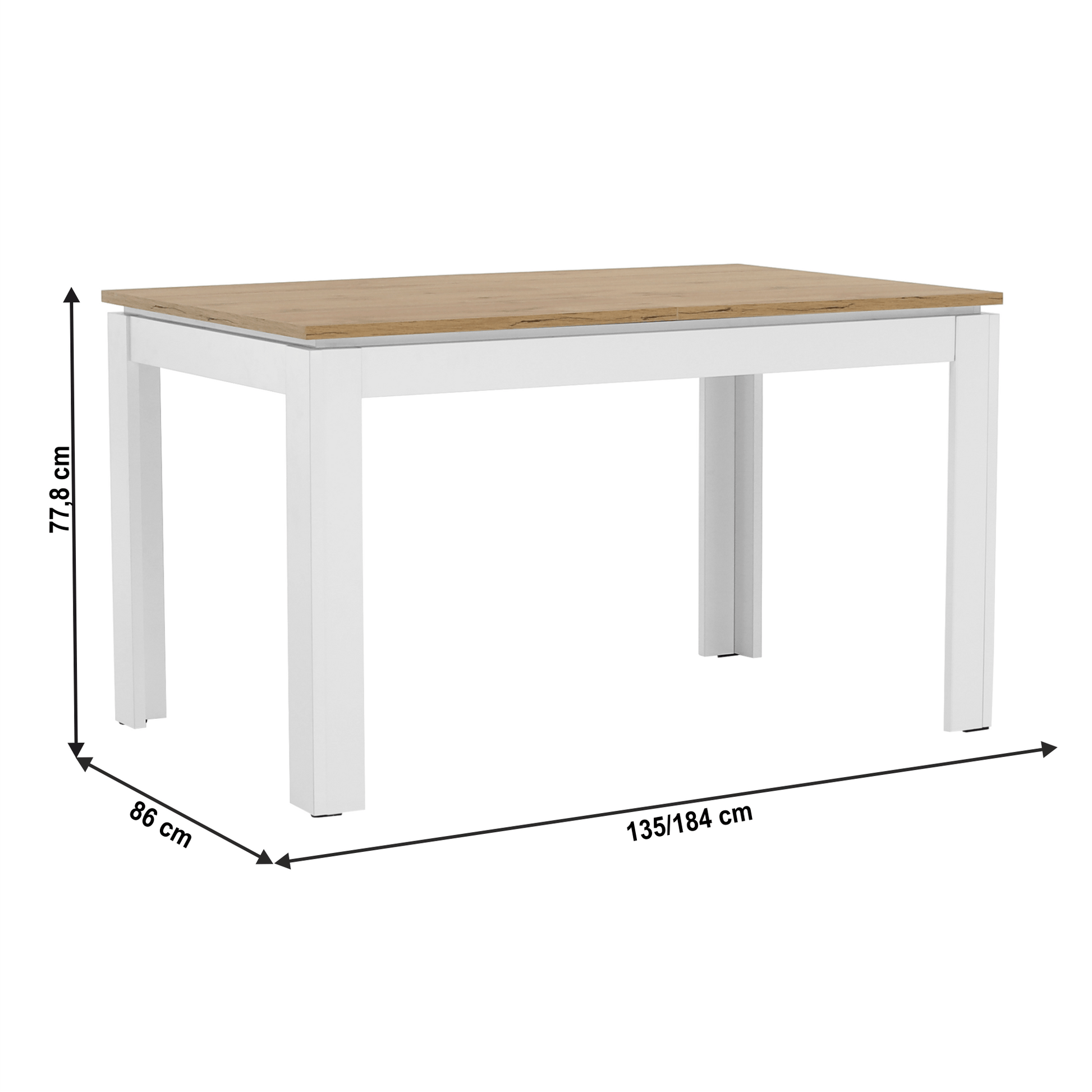 Masă pliantă, alb/ stejar wotan 135-184x86 cm, VILGO