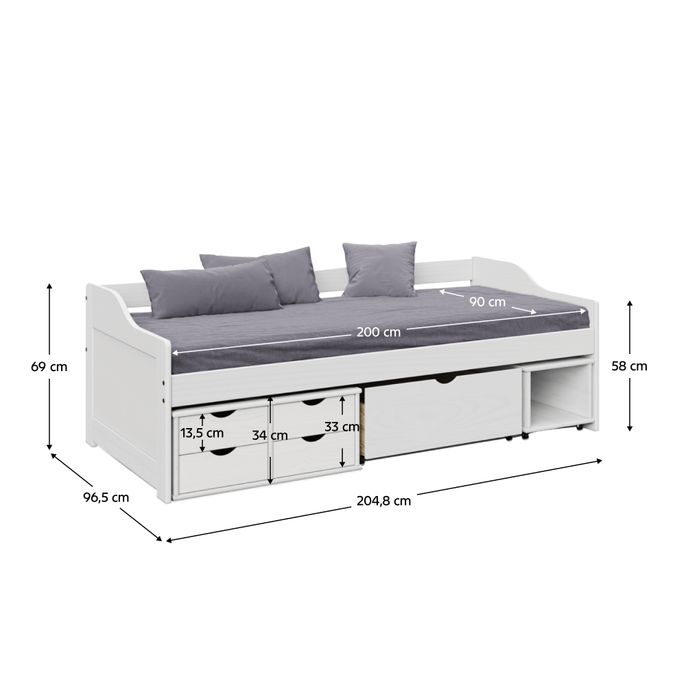 Pat cu spaţiu de depozitare, alb, lemn masiv, 90x200, MAXI NEW