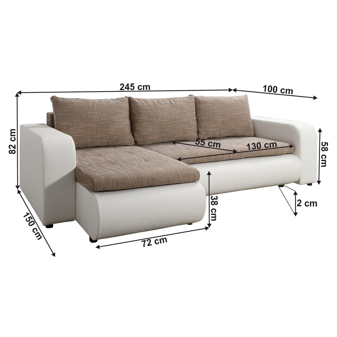 Canapea extensibilă, alb/maro, stânga, BURAN ROH