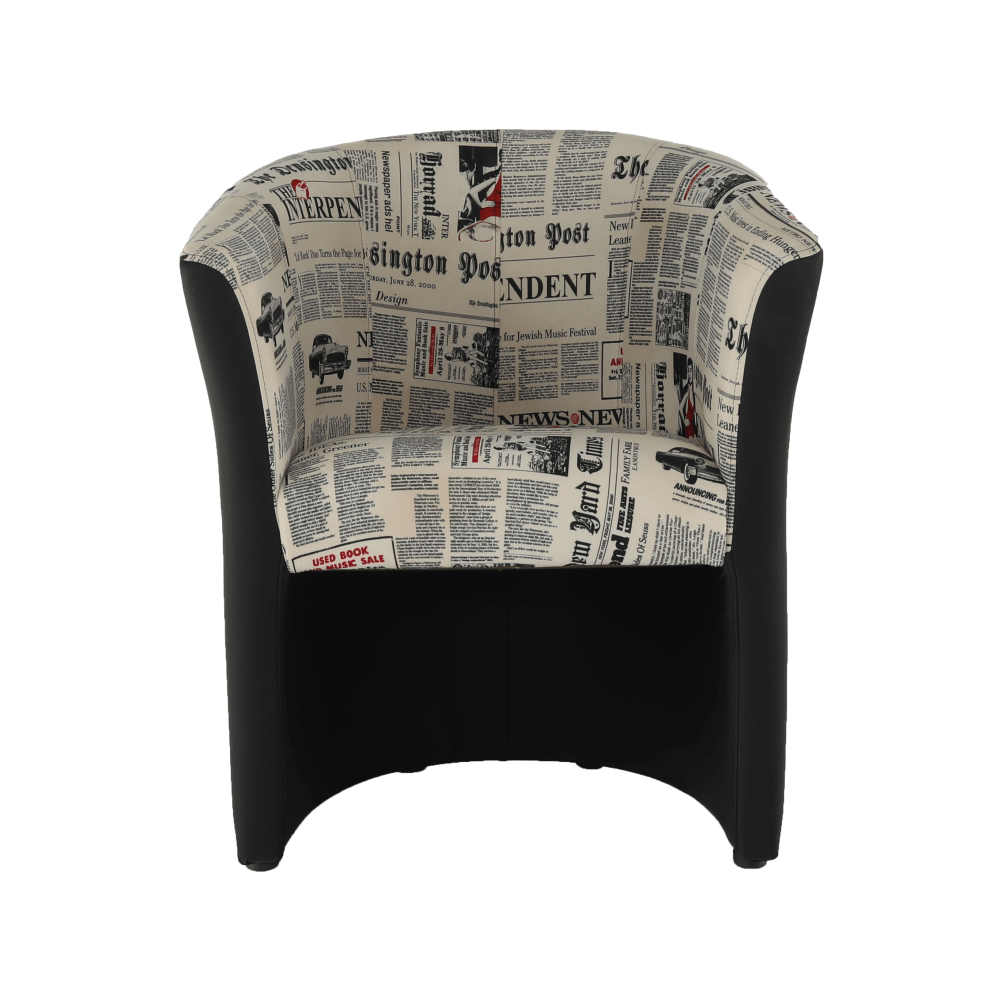 Fotoliu de club, piele ecologică neagră/material textil motiv ziare, CUBA
