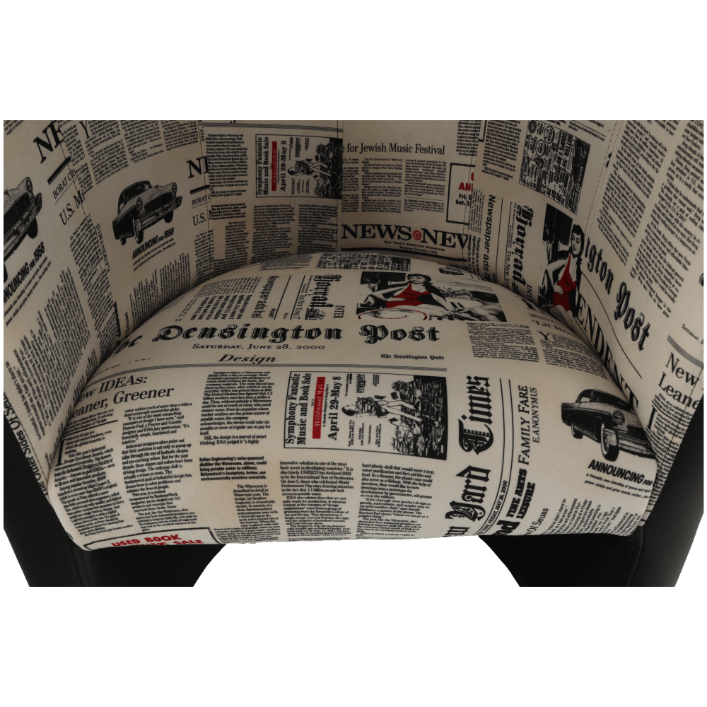 Fotoliu de club, piele ecologică neagră/material textil motiv ziare, CUBA