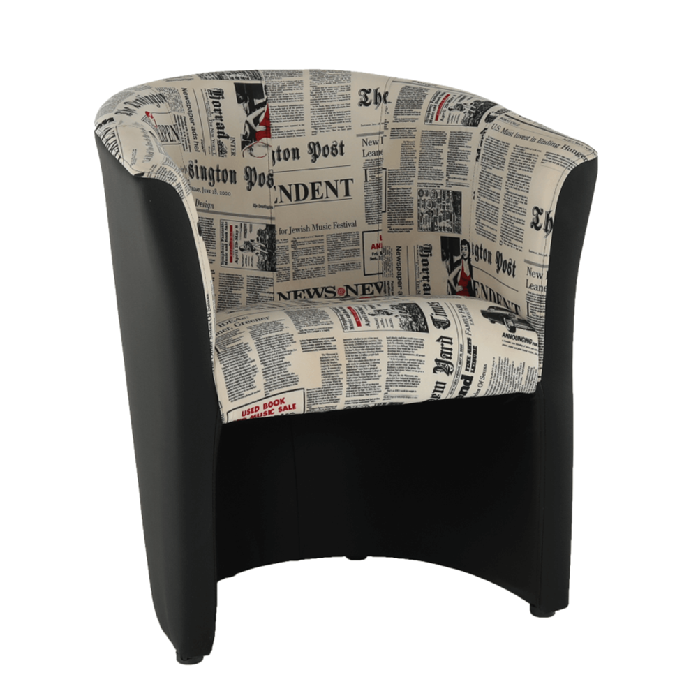 Fotoliu de club, piele ecologică neagră/material textil motiv ziare, CUBA