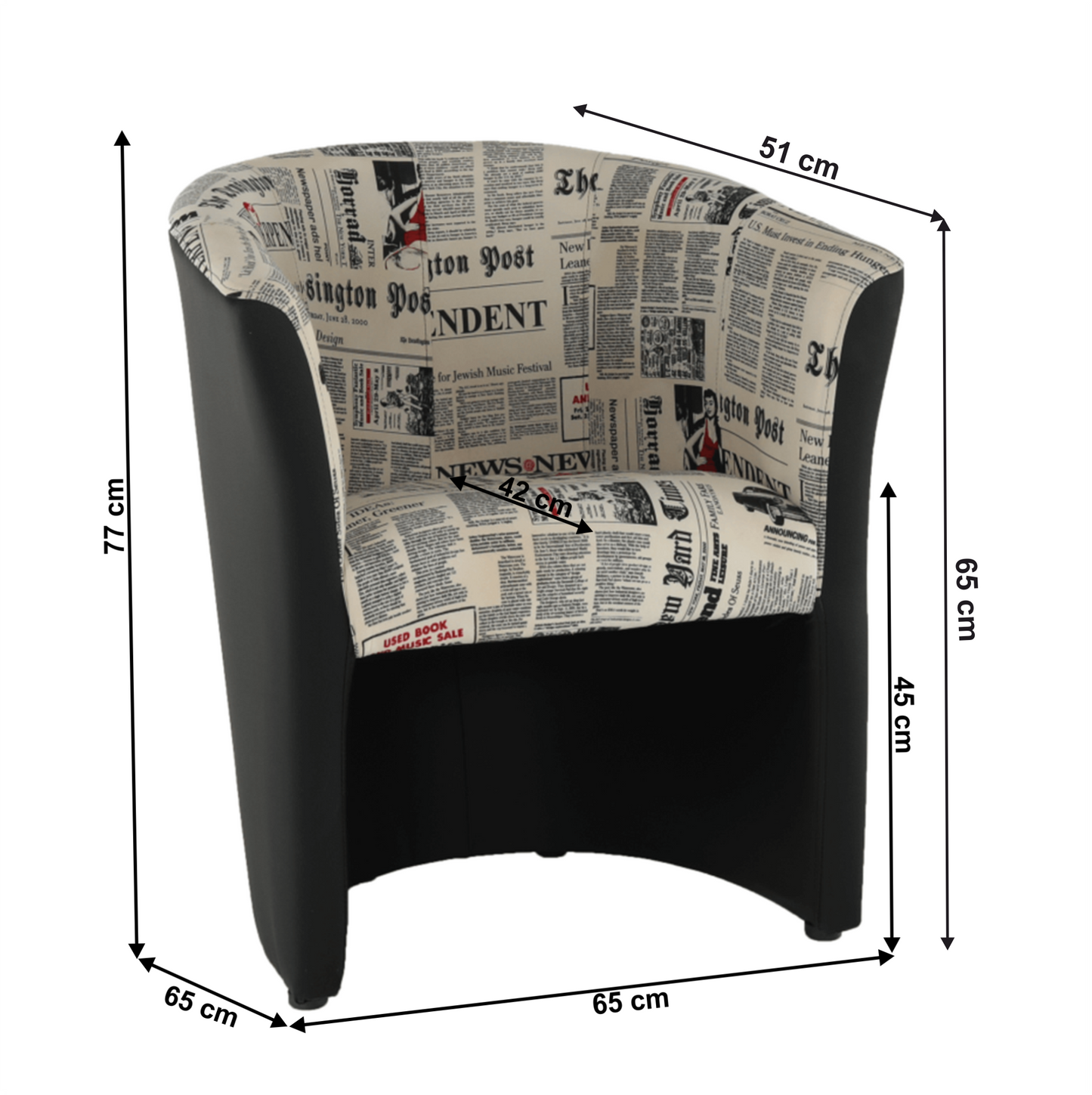 Fotoliu de club, piele ecologică neagră/material textil motiv ziare, CUBA