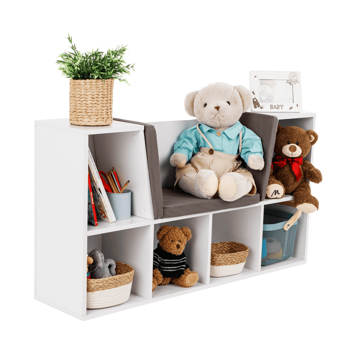 Bibliotecă pentru copii cu scaune, alb/maro, FERIA