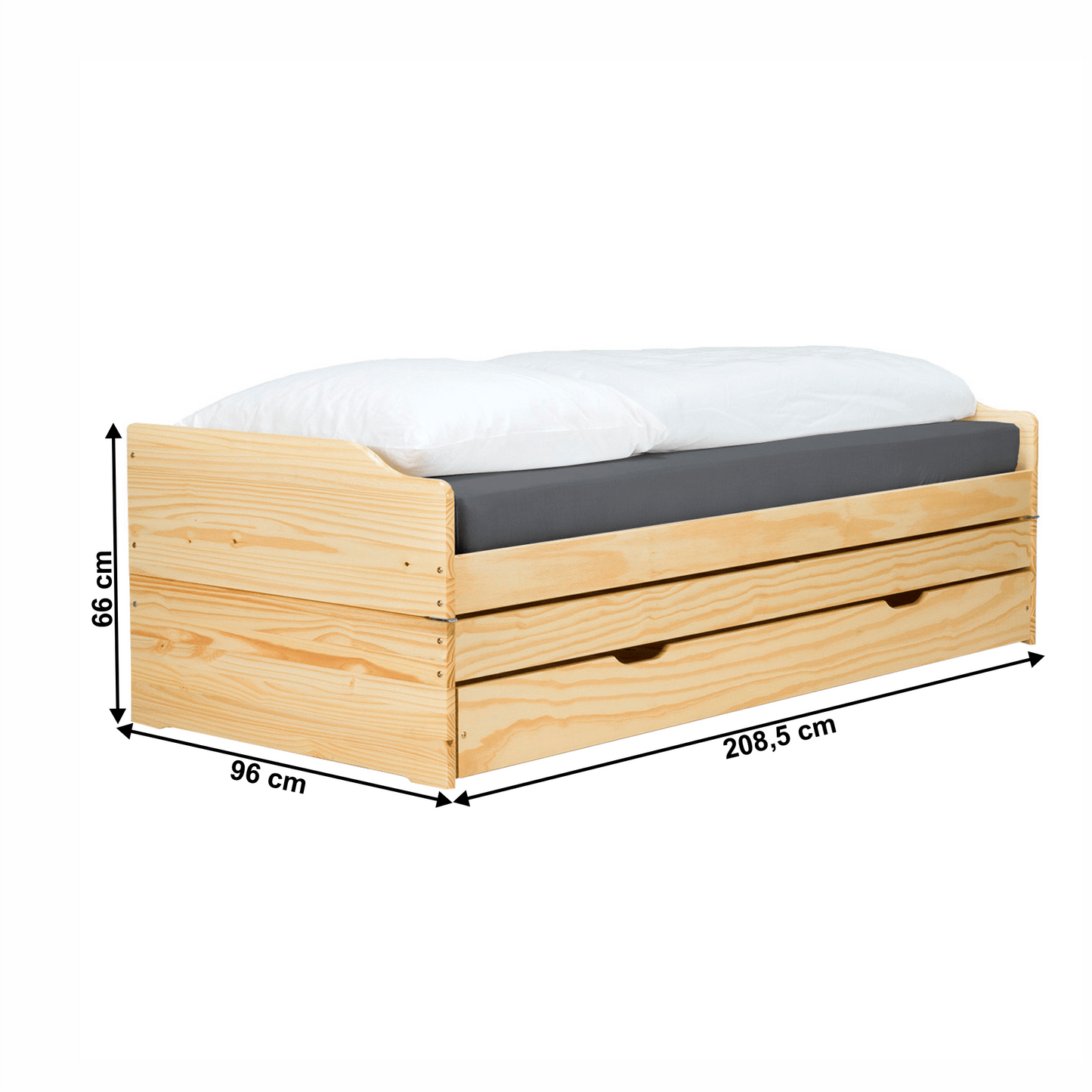 Pat cu module suplimentare extensibile, culoare naturală, lemn masiv, 90x200, FLOPY