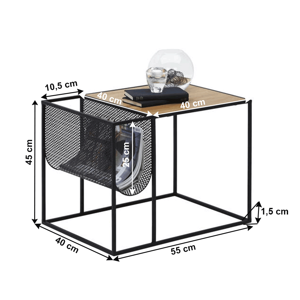 Masă laterală, din metal / MDF, negru / stejar, FLYN