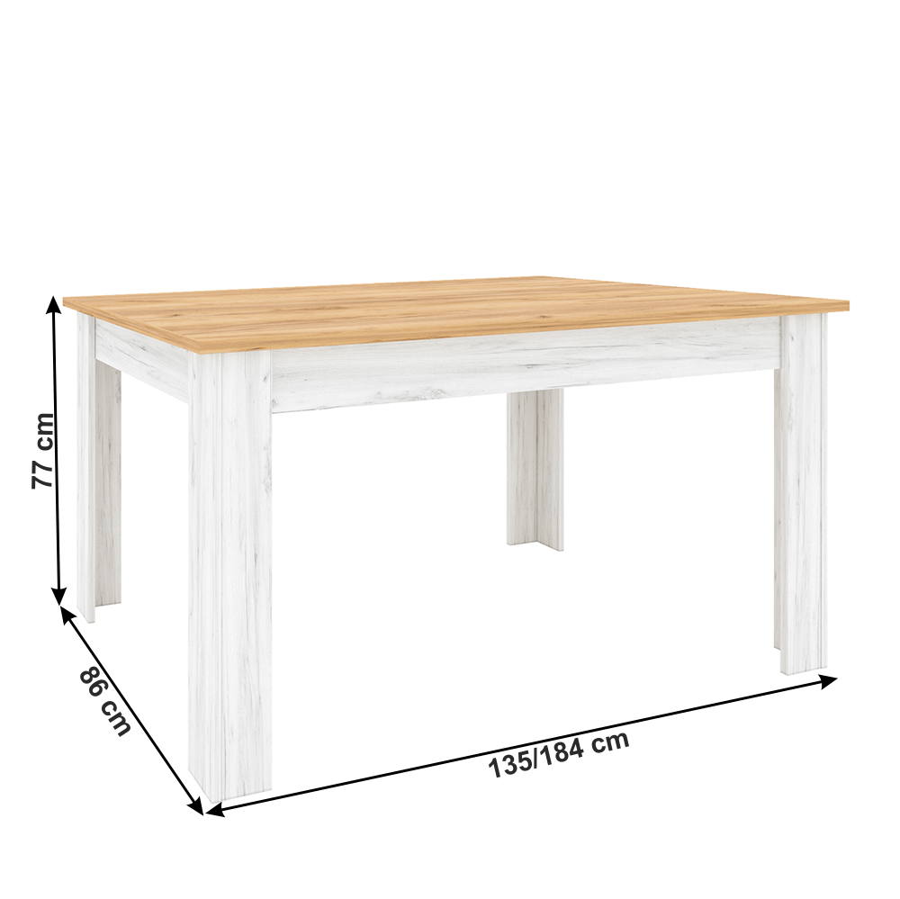 Masă dining extensibilă, stejar craft auriu / stejar craft alb, 135-184x86 cm, SUDBURY