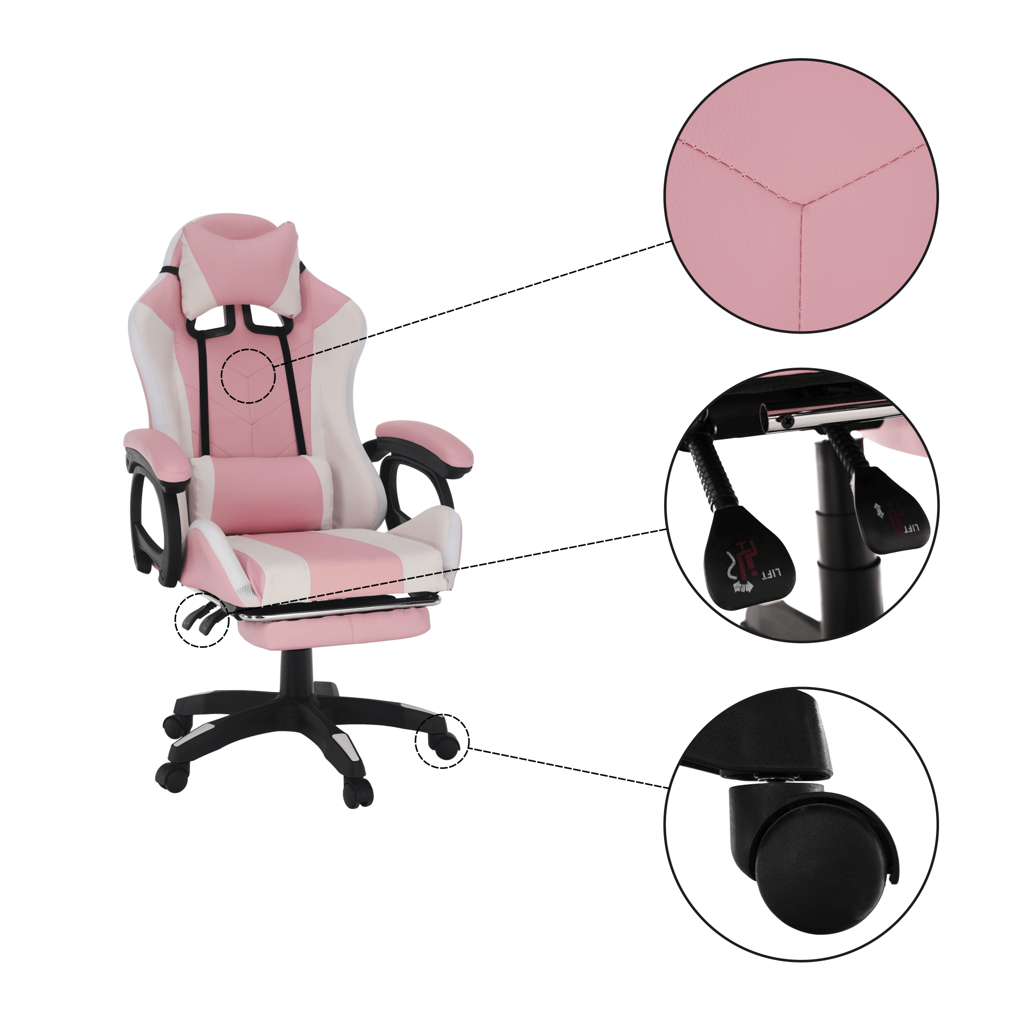 Scaun de birou / joc cu iluminare LED RGB, roz / alb, JOVELA