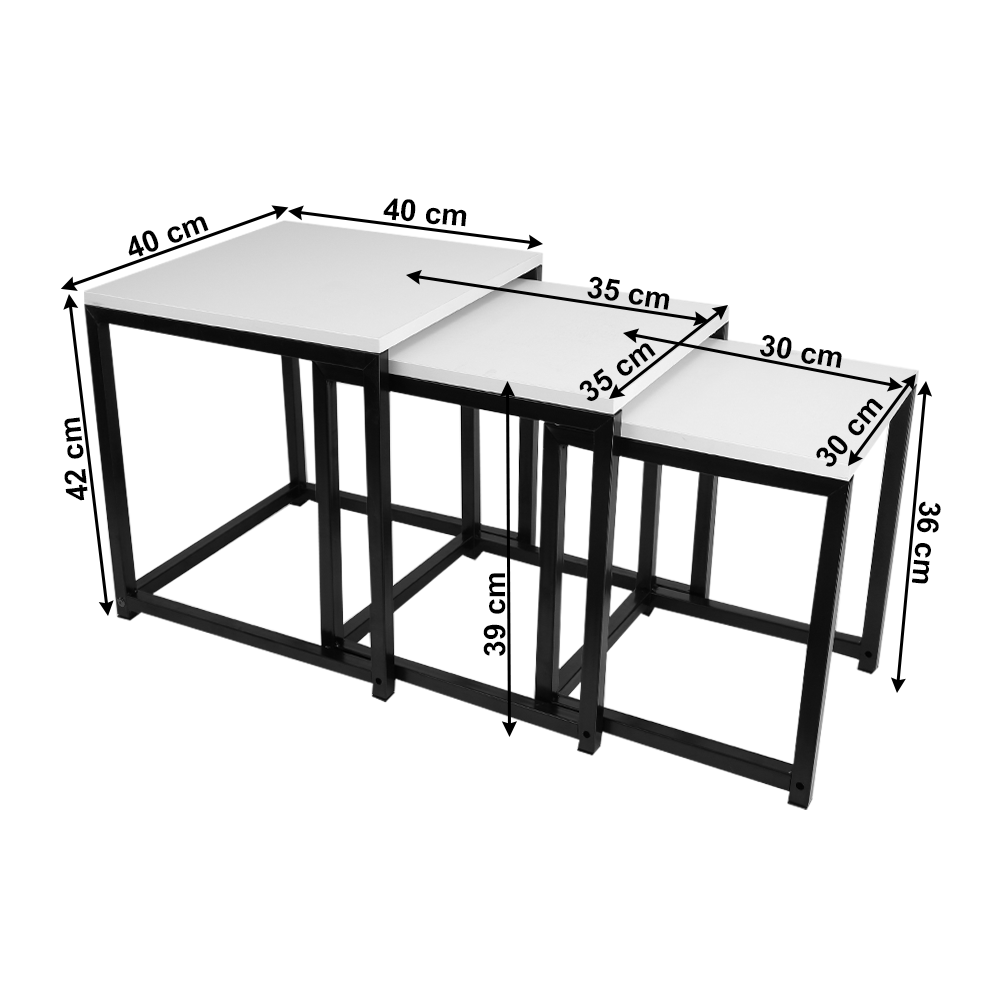 Set 3 măsuţe de cafea, alb mat/negru, KASTLER NEW TYP 3