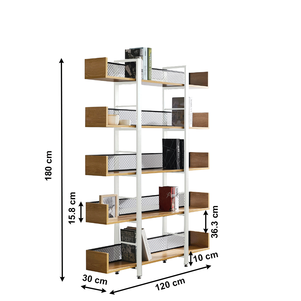 Raft cu 5 poliţe, alb / negru / salcâm, KILIS TIP 2