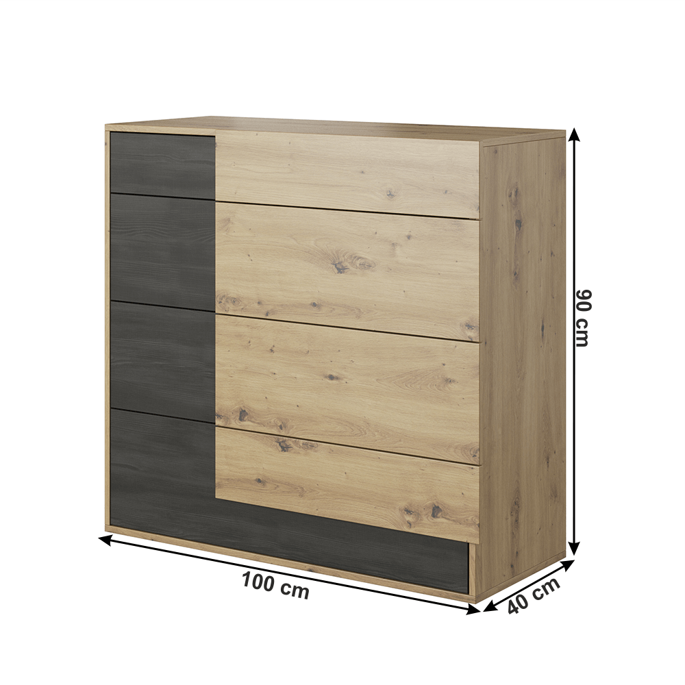 Set dormitor (pat + 2x noptieră + dulap), stejar artizan/ pin norvegian negru, BAFRA