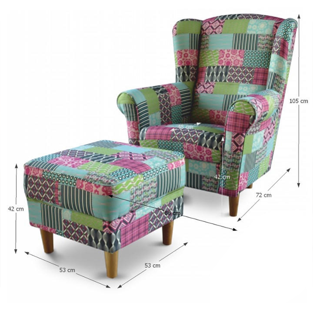 Fotoliu cu taburet, material textil în stilul patchwork M1, ASTRID