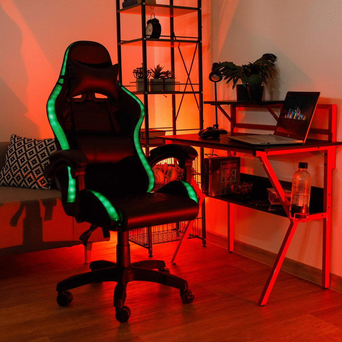 Scaun de birou / joc cu iluminare LED RGB, negru, MAFIRO