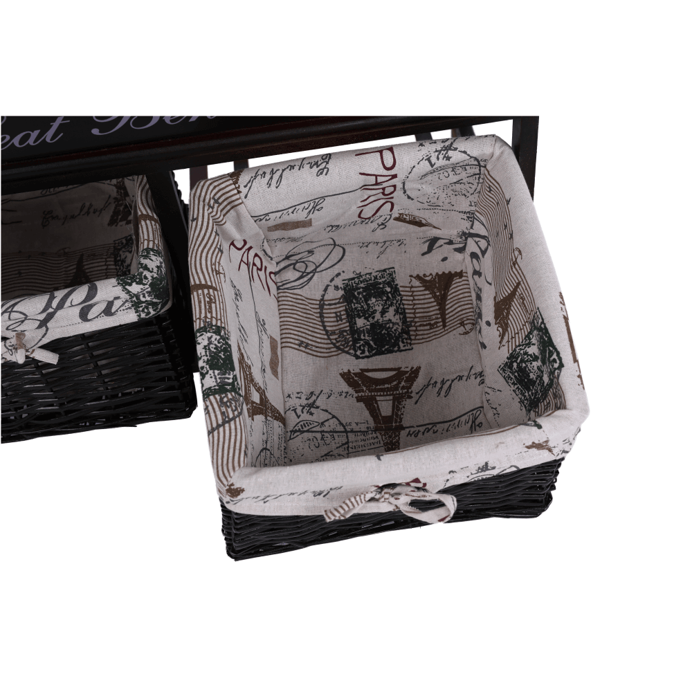 Bancă cu  pernă, 2 coşuri de răchită, maro închis/bej/imprimeu, SEAT BENCH 3