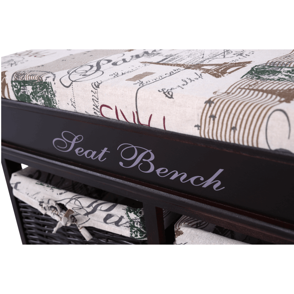 Bancă cu  pernă, 2 coşuri de răchită, maro închis/bej/imprimeu, SEAT BENCH 3