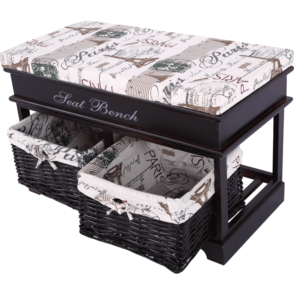 Bancă cu  pernă, 2 coşuri de răchită, maro închis/bej/imprimeu, SEAT BENCH 3