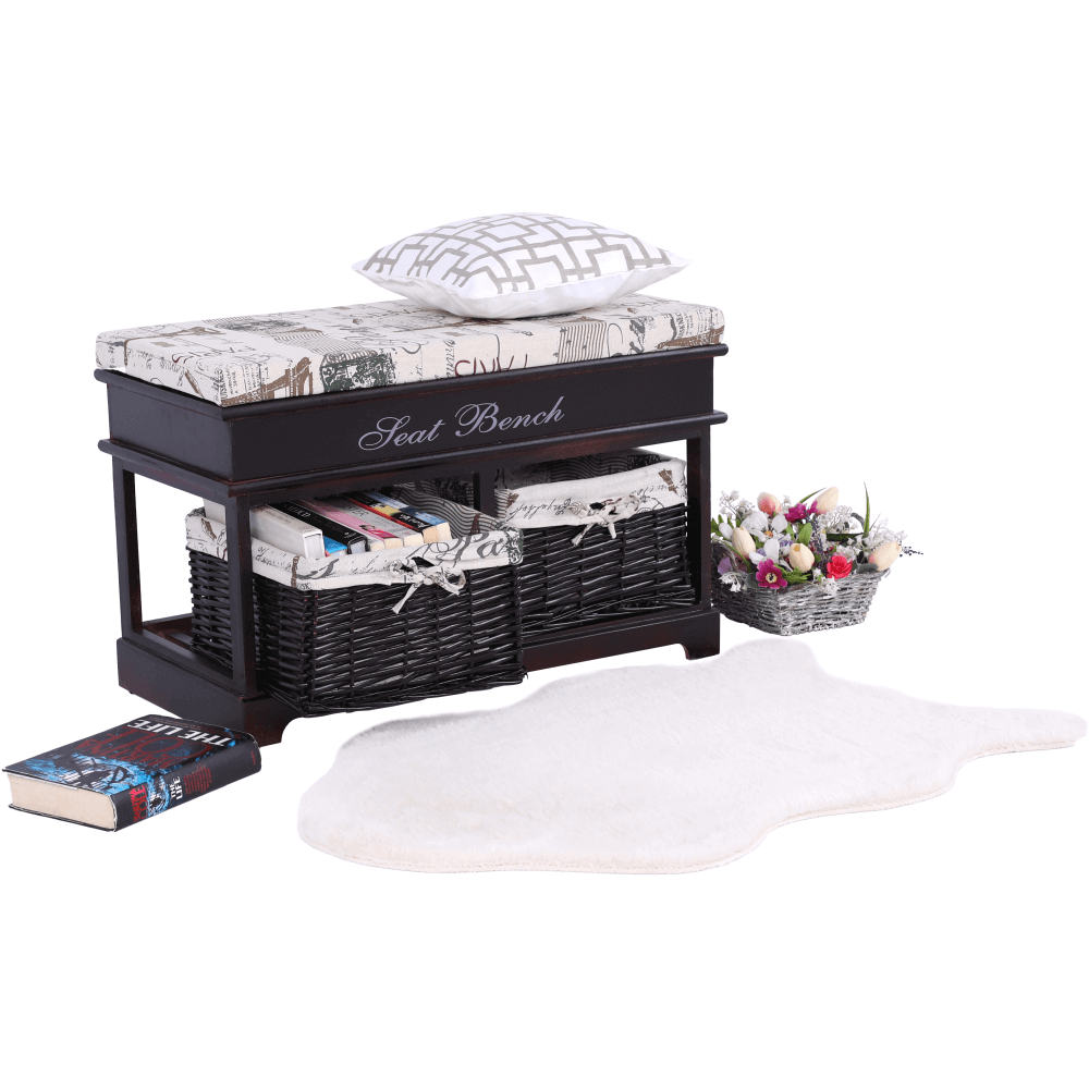 Bancă cu  pernă, 2 coşuri de răchită, maro închis/bej/imprimeu, SEAT BENCH 3