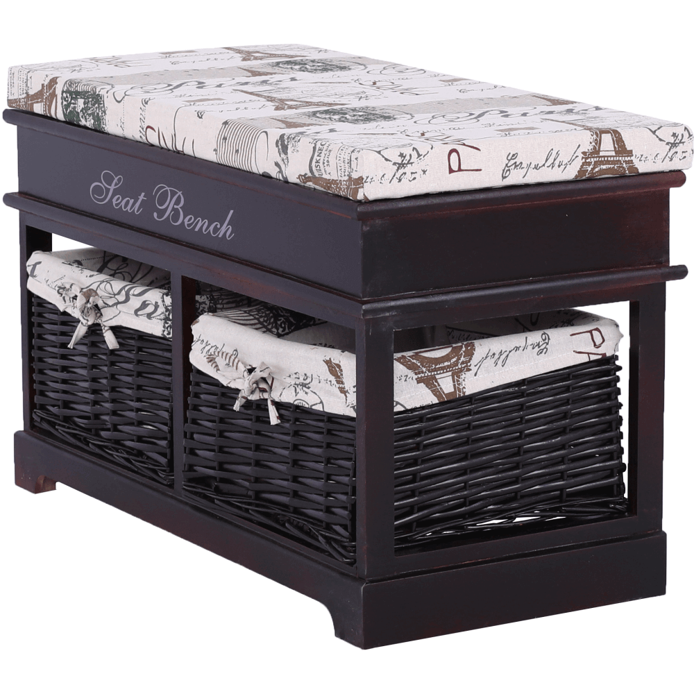 Bancă cu  pernă, 2 coşuri de răchită, maro închis/bej/imprimeu, SEAT BENCH 3
