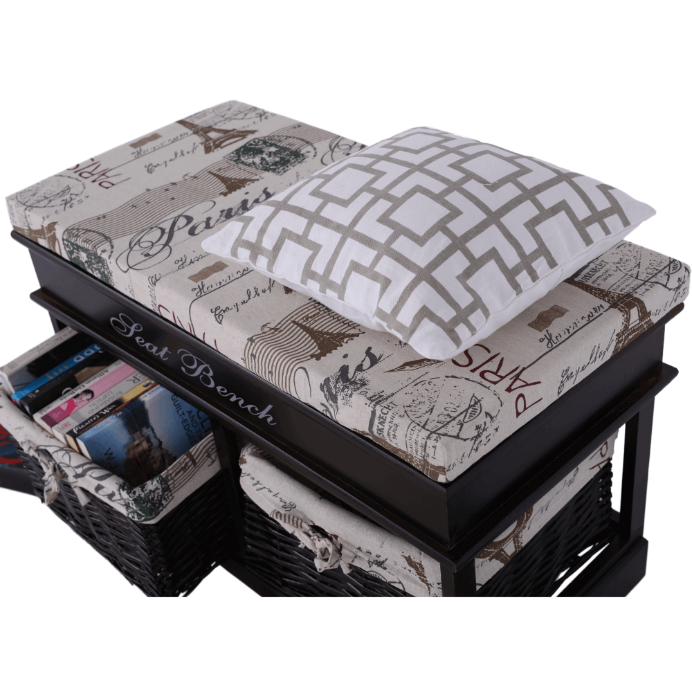 Bancă cu  pernă, 2 coşuri de răchită, maro închis/bej/imprimeu, SEAT BENCH 3