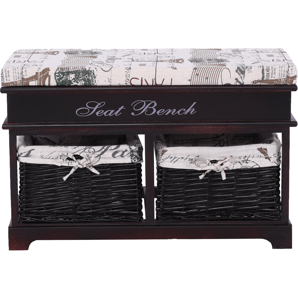 Bancă cu  pernă, 2 coşuri de răchită, maro închis/bej/imprimeu, SEAT BENCH 3