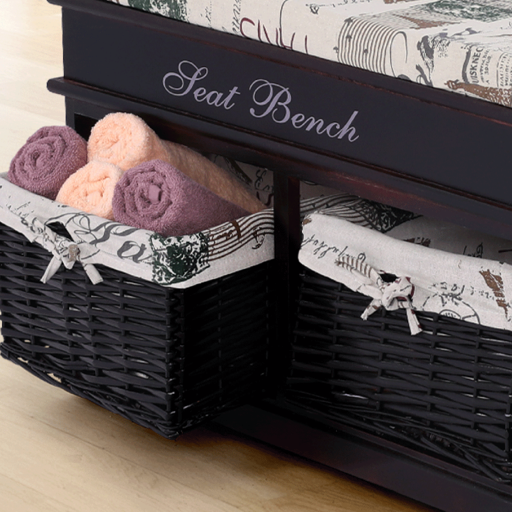 Bancă cu  pernă, 2 coşuri de răchită, maro închis/bej/imprimeu, SEAT BENCH 3