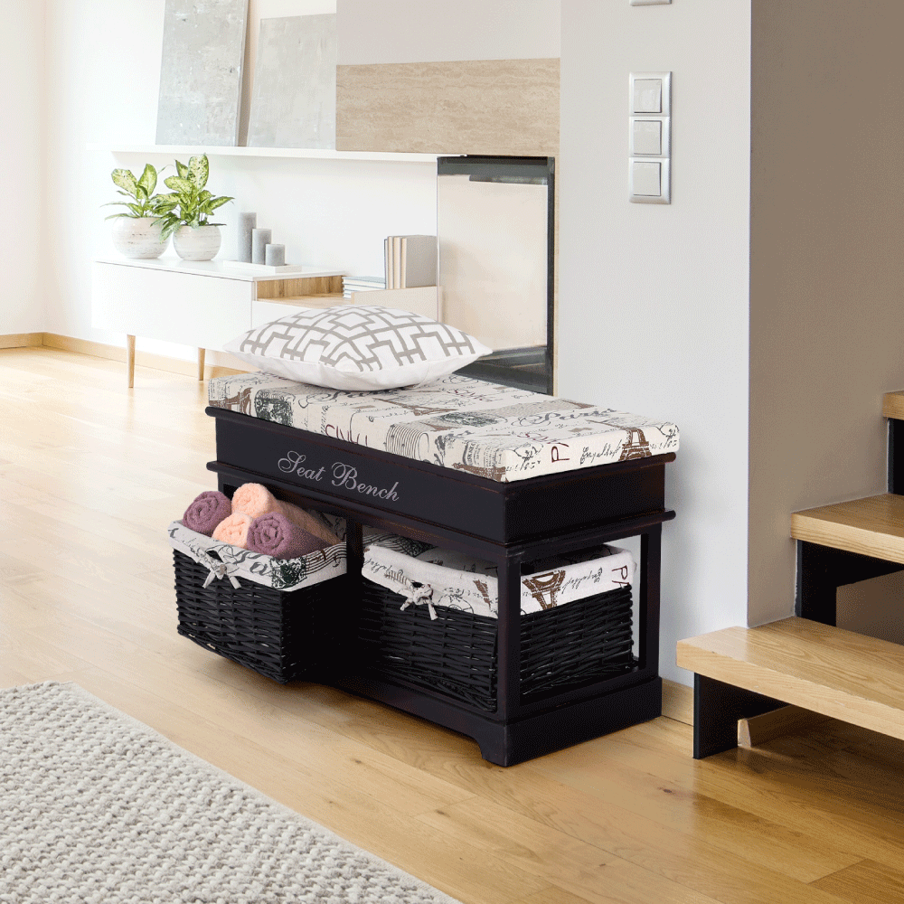 Bancă cu  pernă, 2 coşuri de răchită, maro închis/bej/imprimeu, SEAT BENCH 3