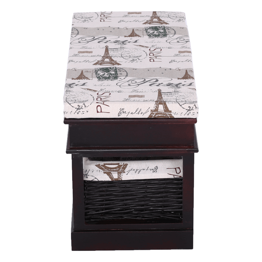 Bancă cu  pernă, 2 coşuri de răchită, maro închis/bej/imprimeu, SEAT BENCH 3