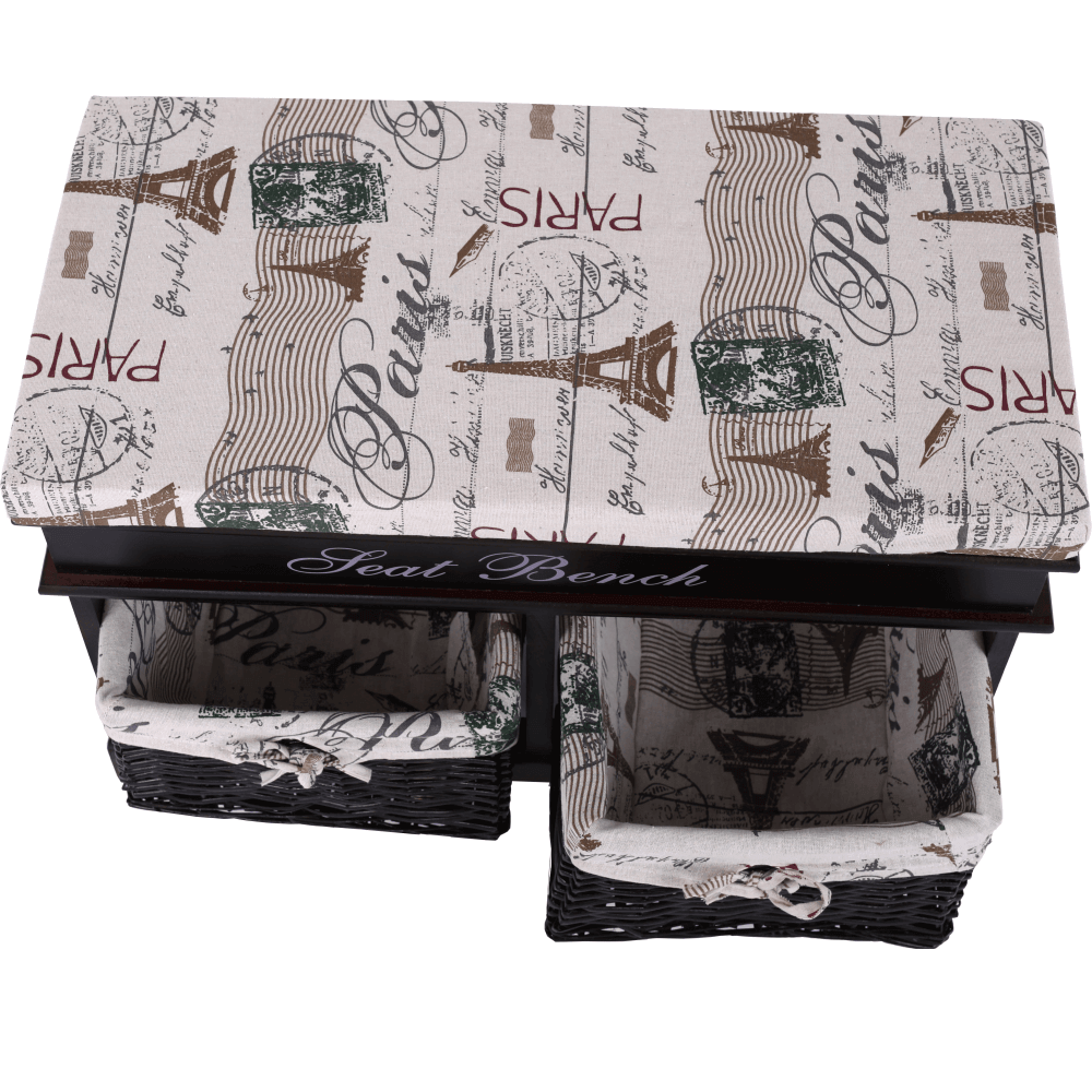 Bancă cu  pernă, 2 coşuri de răchită, maro închis/bej/imprimeu, SEAT BENCH 3