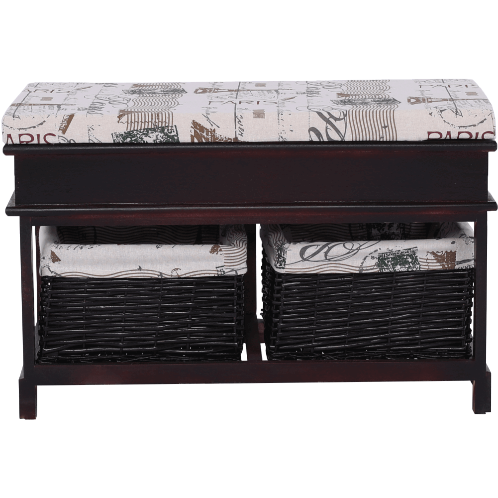 Bancă cu  pernă, 2 coşuri de răchită, maro închis/bej/imprimeu, SEAT BENCH 3