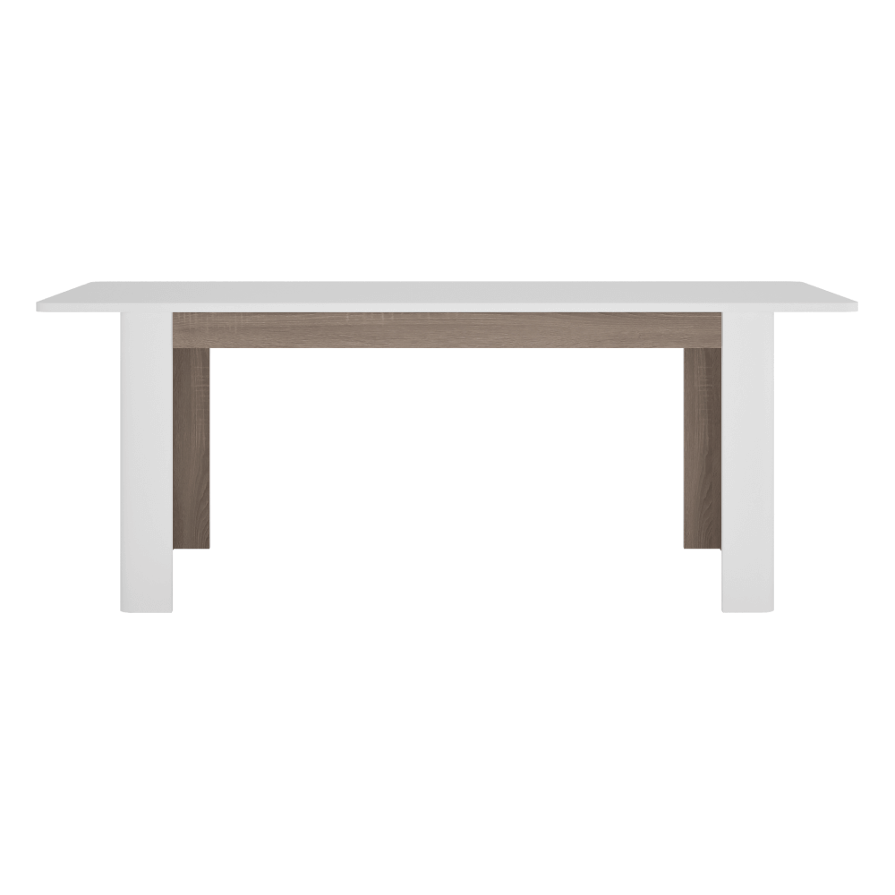 Masă dining extensibilă, alb extra lucios HG / stejar Sonoma închis / trufă, 160-200x90 cm, LYNATET TIP 75