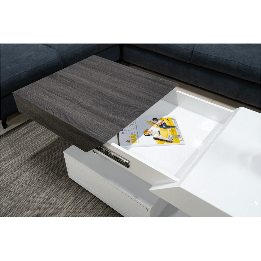 Măsuţă de cafea, alb extra lucios HG/gri cu design din lemn, MELIDA