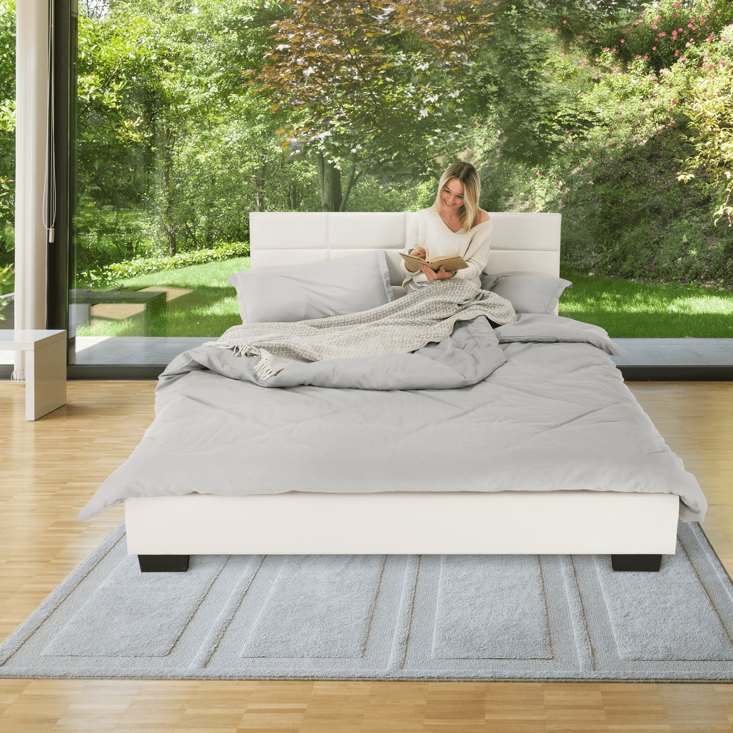 Pat matrimonial cu somieră, 160x200, piele eco albă, MIKEL