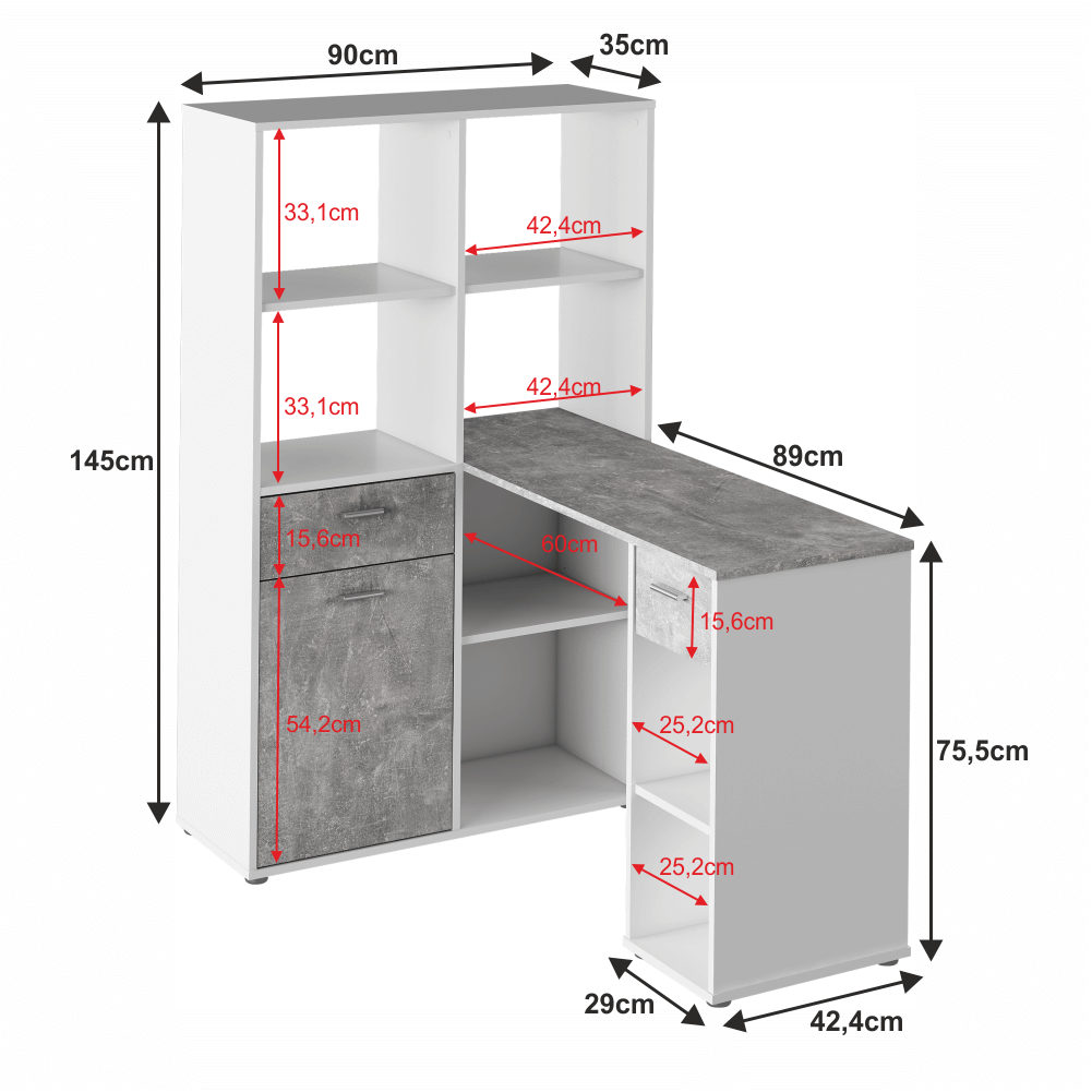 Masă PC cu etajeră, alb/beton, MINESON
