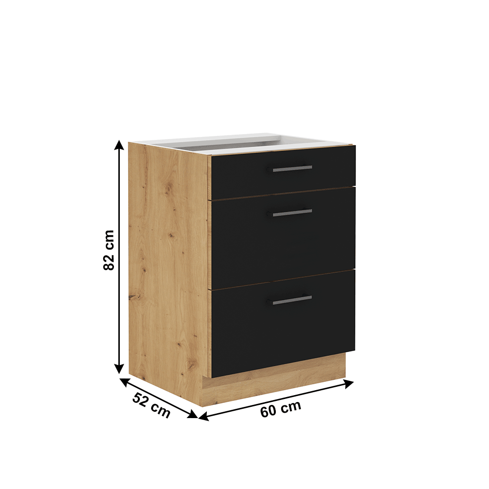 Dulap inferior cu sertare, negru mat / stejar artizan, MONRO 60 D 3S BB