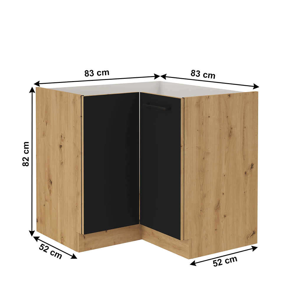 Dulap colţ inferior, negru mat / stejar artizan, MONRO 90/90 DN 1F BB