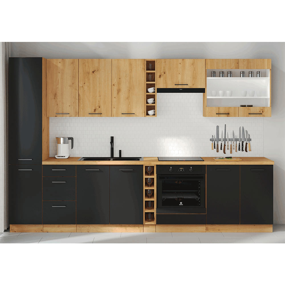 Dulap de bucătărie inferior, negru mat / stejar artizan, MONRO 60 D 1F BB
