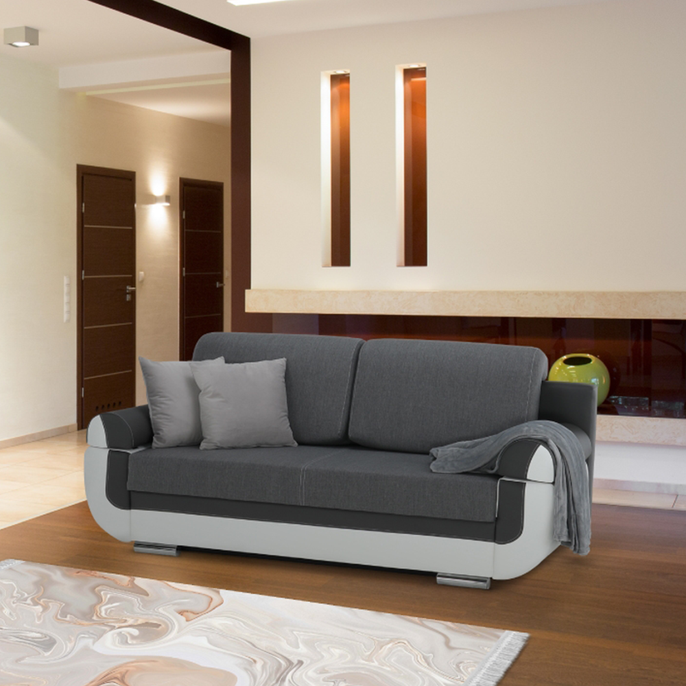 Canapea, piele ecologică alba+gri/material textil gri, KARDYN