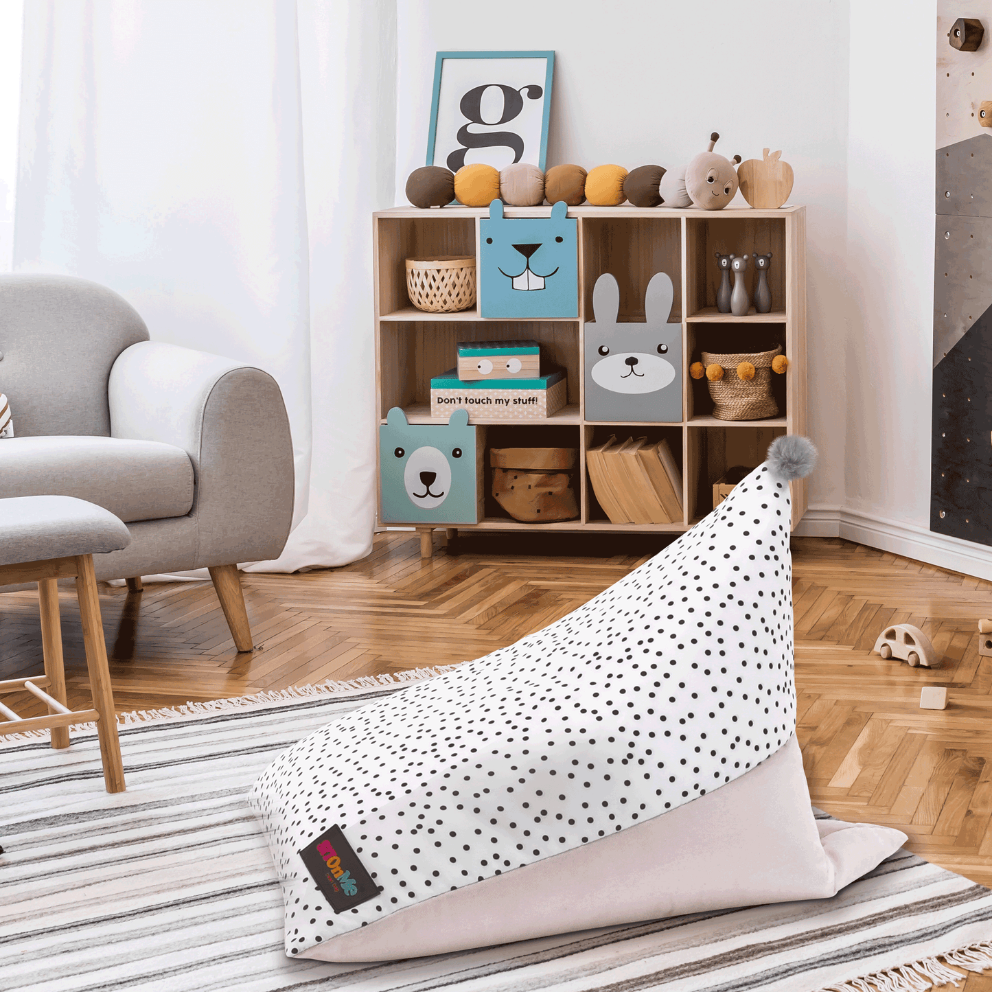 Fotoliu tip sac, alb/roz/gri, POMPOM