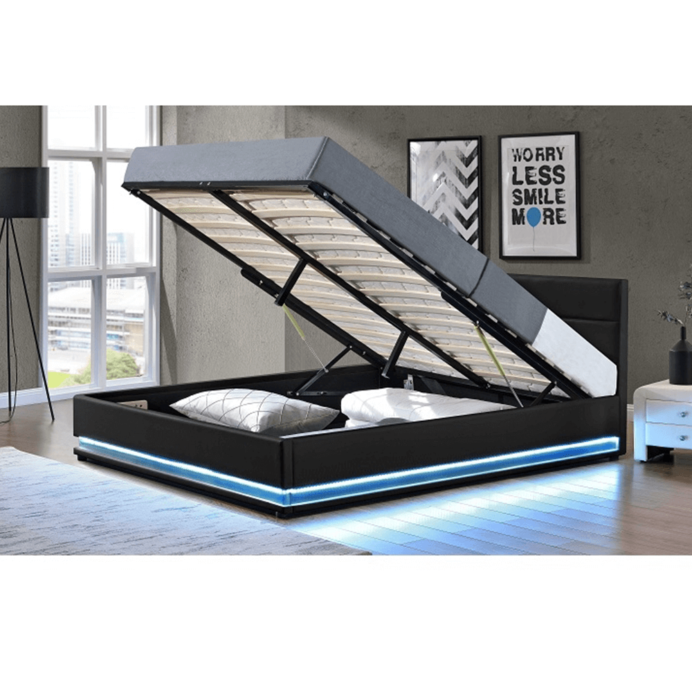 Mat matrimonial cu iluminat alb, negru, 180x200, BIRGET NEW