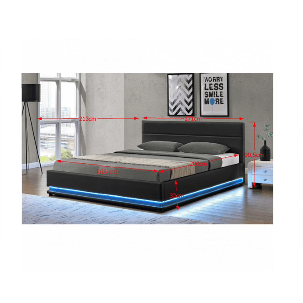 Pat matrimonial cu iluminare LED, negru, 160x200, BIRGET NEW