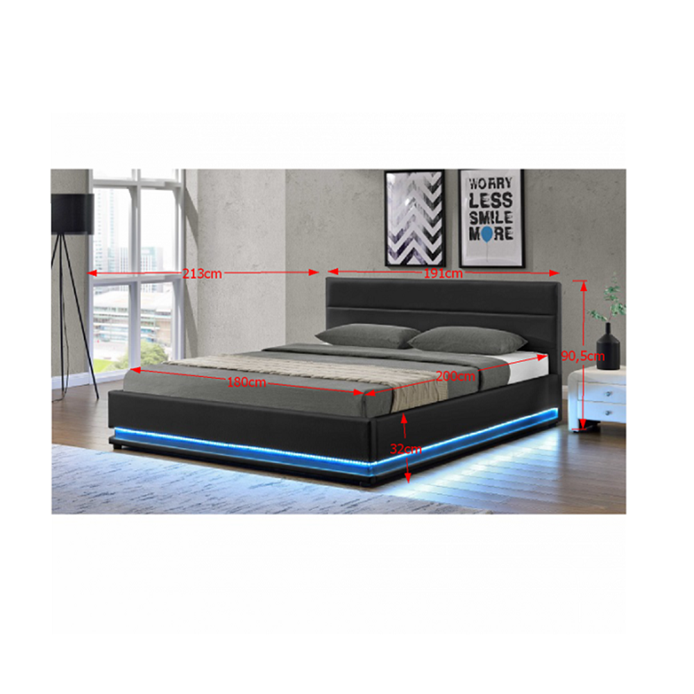 Mat matrimonial cu iluminat alb, negru, 180x200, BIRGET NEW