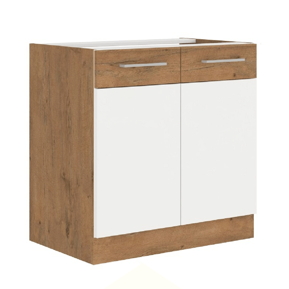 Cabinet inferior, alb extra lucios HG/stejar Lancelot, VEGA 80 D 2F BB