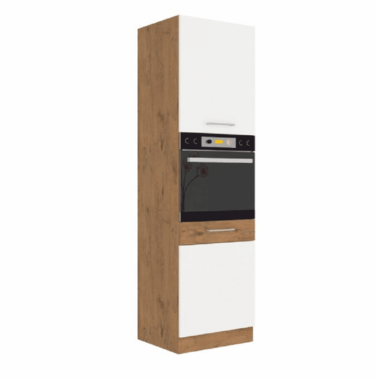 Dulap înalt pentru cuptorul încorporat, stejar Lancelot/alb extra lucios HG, VEGA 60 DP-210 2F