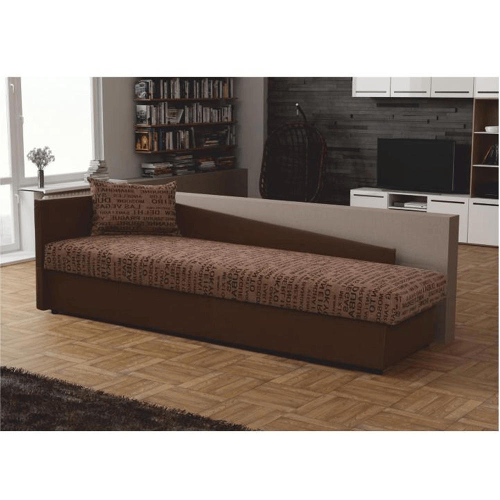 Pat cu spaţiu pentru depozitare, versiune de stânga, piele eco maro+material cu imprimeu, JUDIT