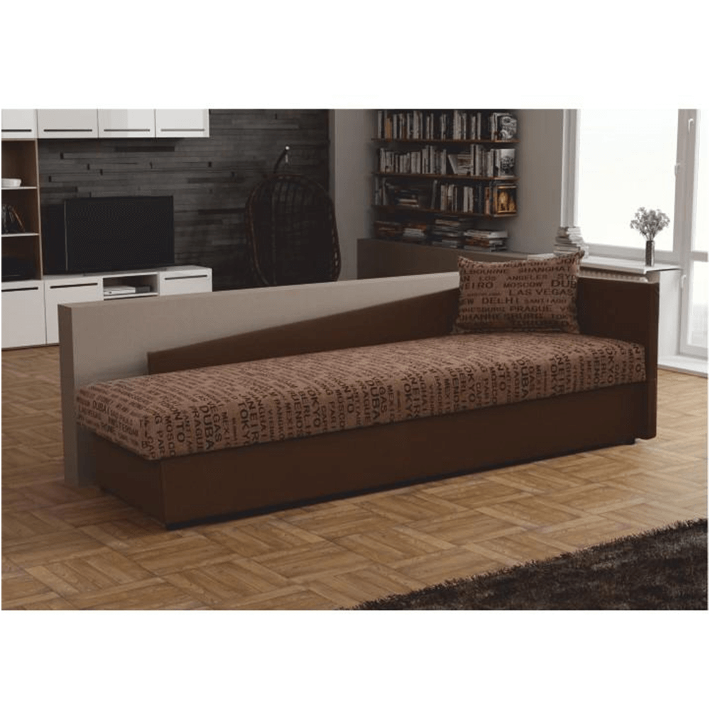 Pat cu spaţiu pentru depozitare, piele eco maro/material cu imprimeu, dreapta, JUDIT