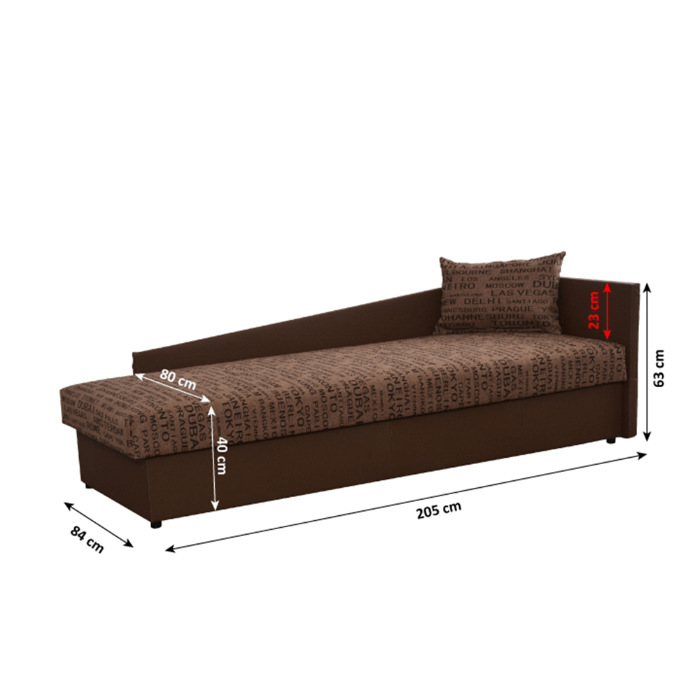Pat cu spaţiu pentru depozitare, piele eco maro/material cu imprimeu, dreapta, JUDIT